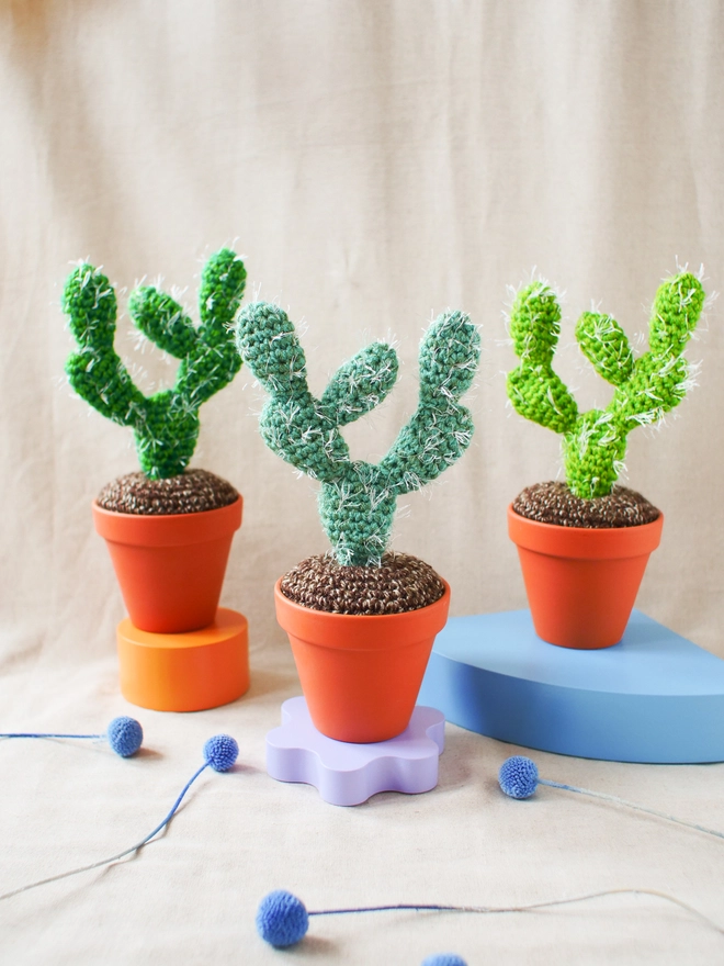 Handmade spiky crocheted cactus in terracotta pot
