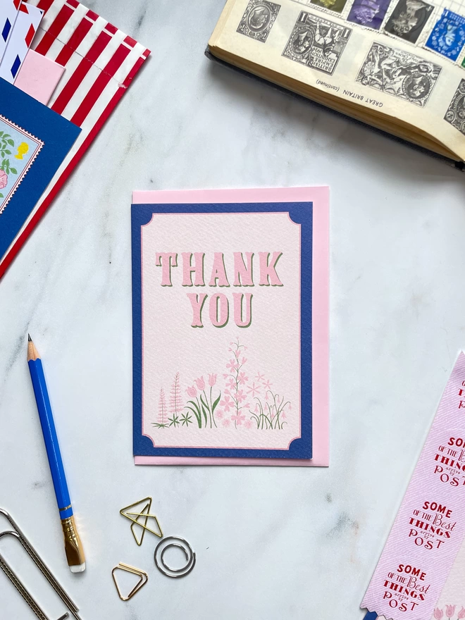 vintage lettering thank you card with illustrated flowers blue and pink border high quality greeting card