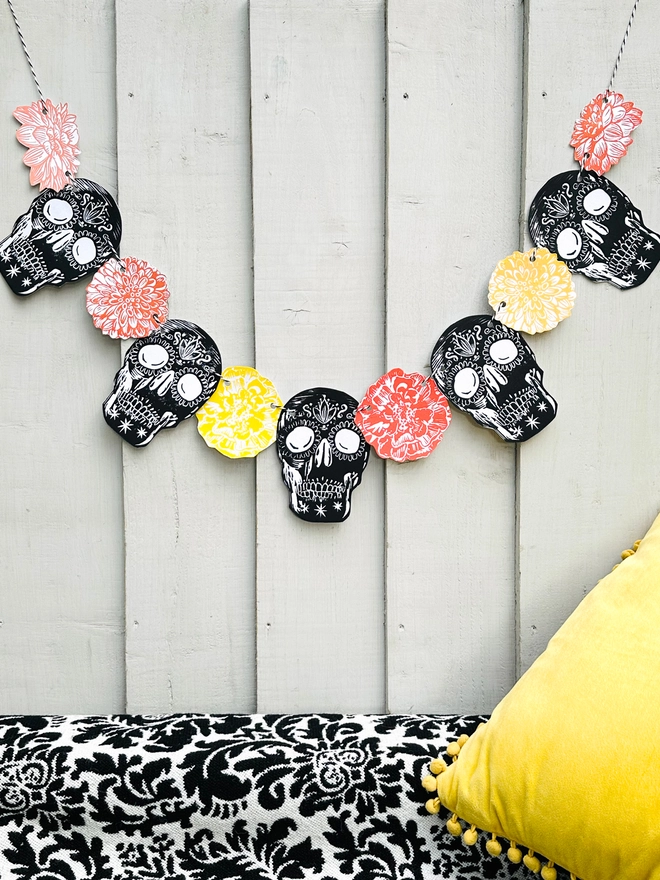 Skull 'Day Of The Dead' Hand Printed Linocut Garland 