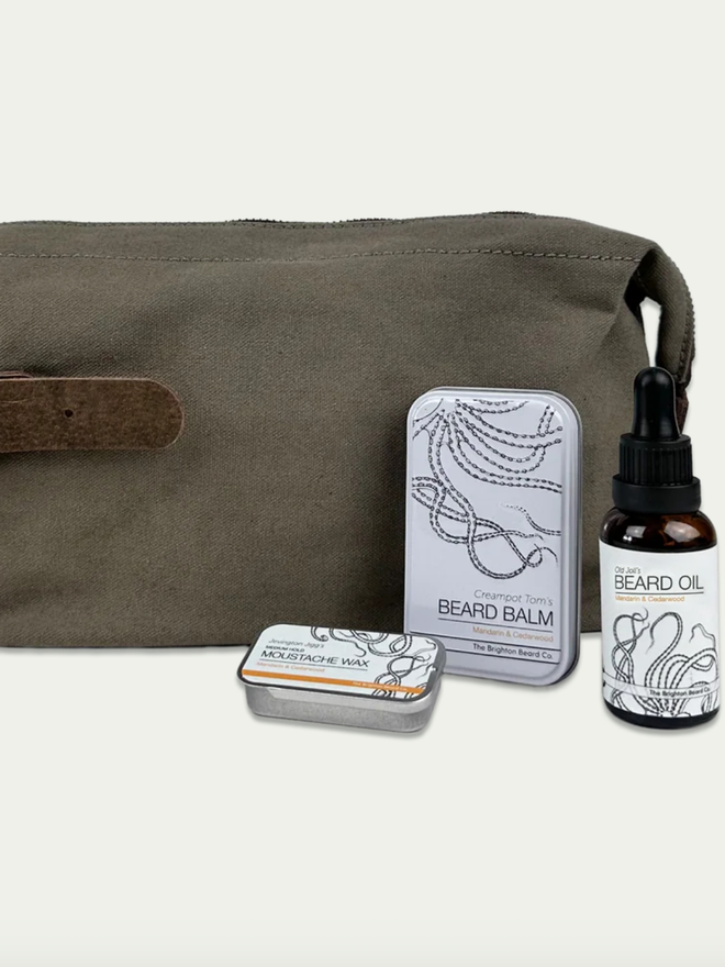 Father’s Day Beard Care Bundle. A wash bag with the contents laid out.