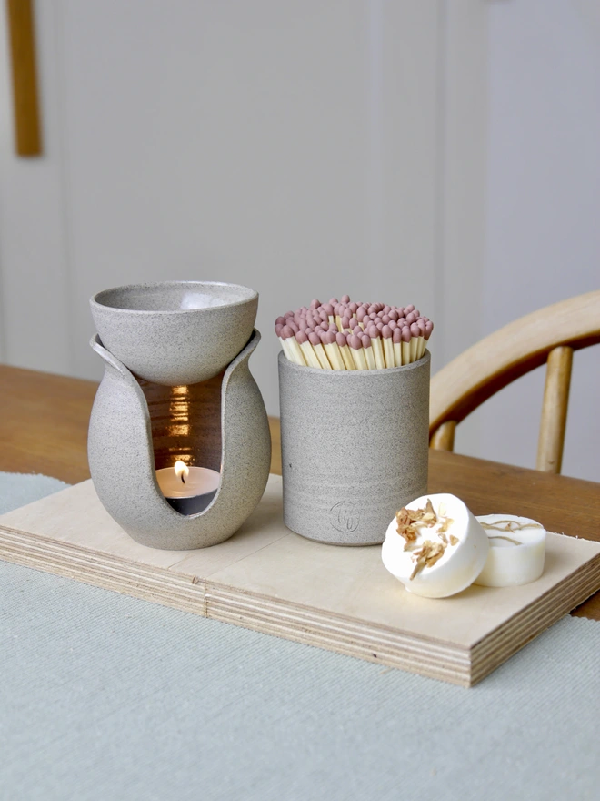 Grey Ceramic Oil Burner with ceramic match stick holder