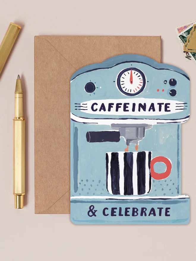 Coffee Machine Birthday Card by Sister Paper Co with a kraft envelope