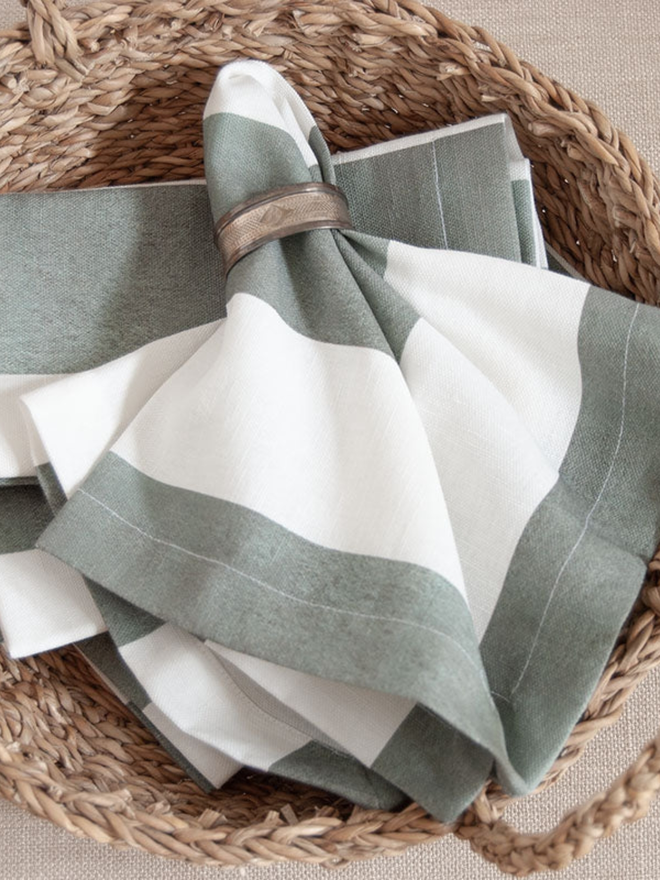 Sage Green Wide Striped Linen Napkins (Set Of 4)