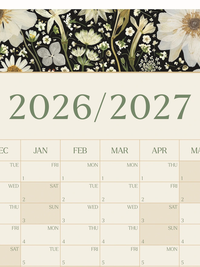 A pretty floral academic year wall planner. A calendar with months from September 2026 to August 2027, showcasing a delightful pressed flower design created from pressed white flowers. Perfect for bringing a touch of the outdoors to any studio, home office or workspace. 