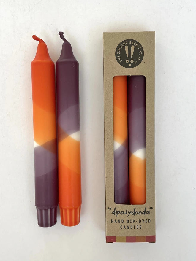 Rust Red & Aubergine Dip Dyed Dinner Candles (Set Of 2)