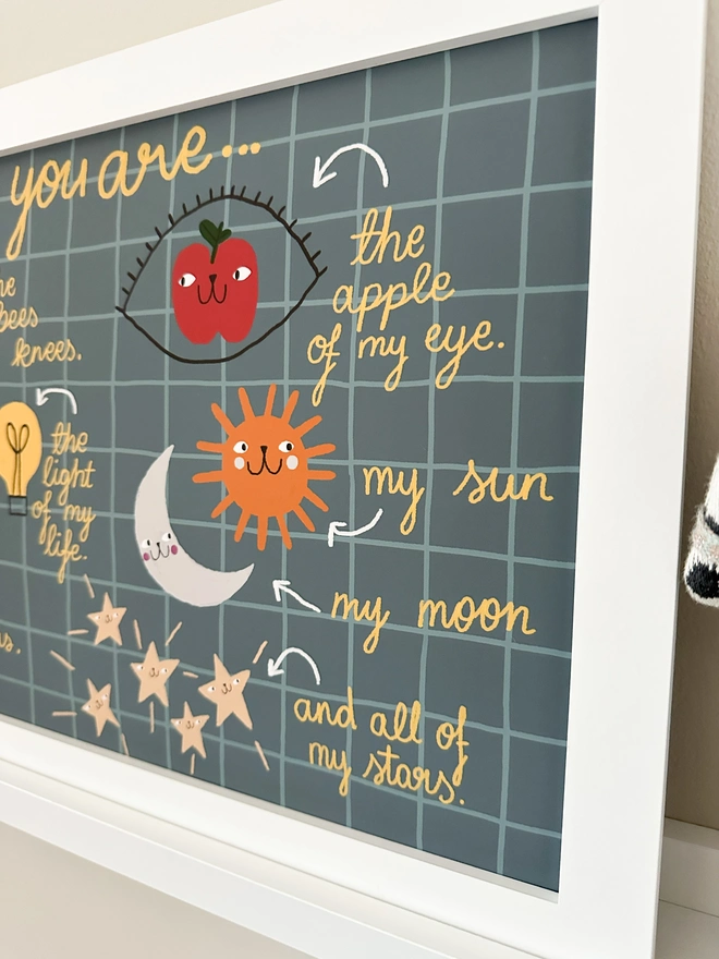 Close up of a wall art print with positive affirmations including the text 'the apple of my eye', 'my sun, my moon and all of my stars'. 