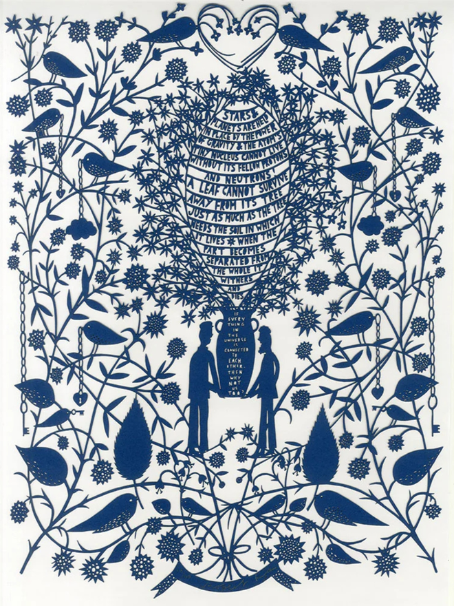 'Why not us too?' blue lasercut. An intricate blue lasercut artwork on a white background, featuring a couple holding up a vase together with text and surrounded by leaves.