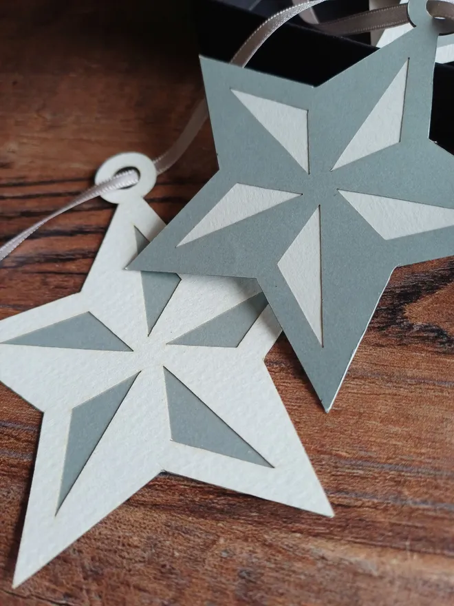 Close View of White and Silver 5 Pointed Star Decorations