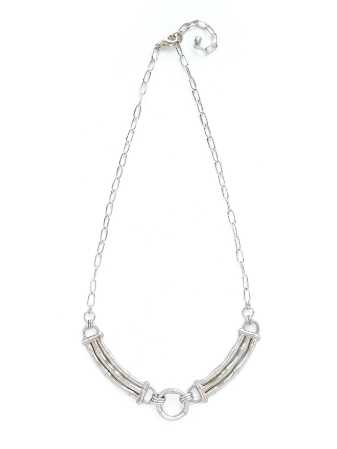 Sterling Silver Bamboo bar sectional necklace with ring, on chain.