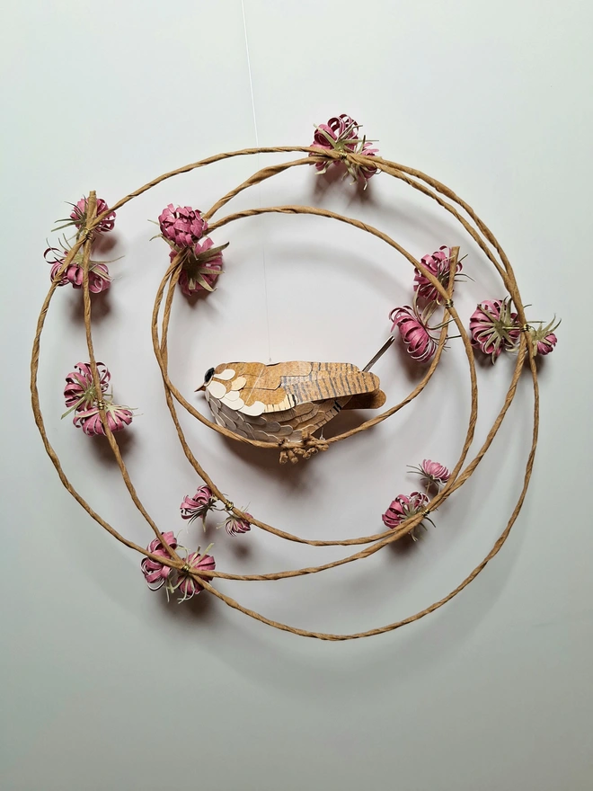 wren bird sculpture on a burgundy flower wreath. Handmade nature themed wall art