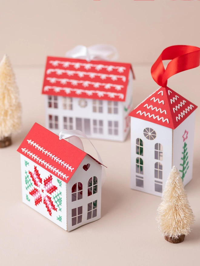 embroidery paper houses Christmas tree decoration DIY kit by My Papercut Forest