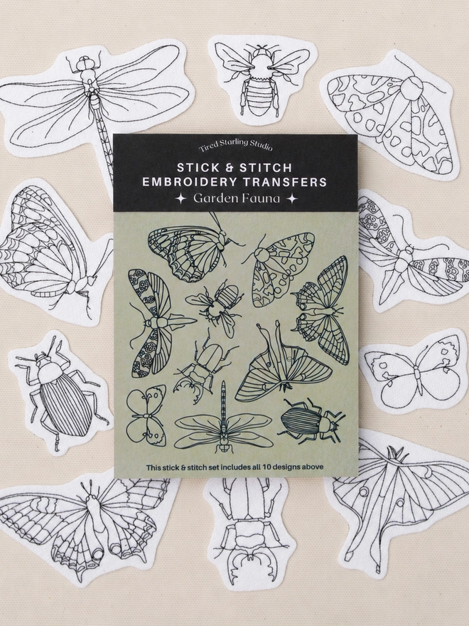 Garden Fauna stick and stitch embroidery transfer set featuring 10 detailed insect designs including butterflies, moths, beetles and dragonflies arranged on a neutral fabric background.