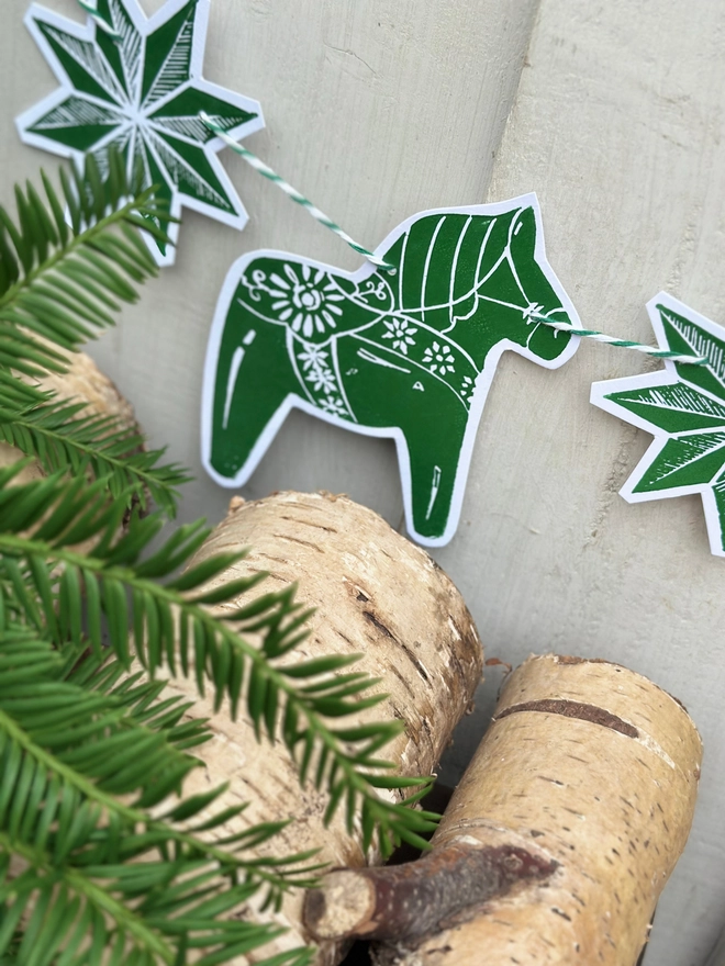 Traditional Nordic Dala Horse Christmas Linocut Garland