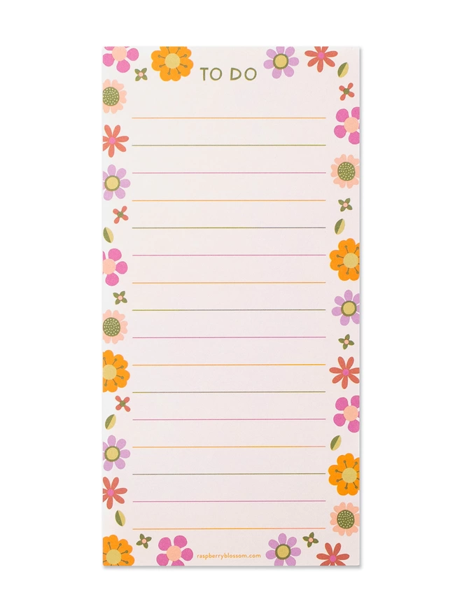Colourful Raspberry Blossom list pad with rainbow lines and a retro floral border
