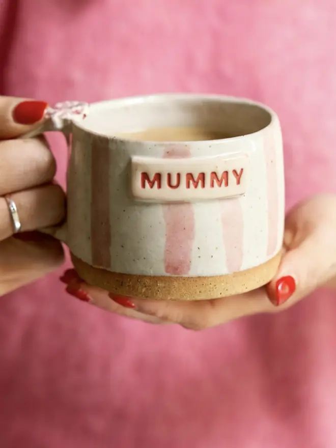 Personalised Mummy Striped pink and white mug handheld