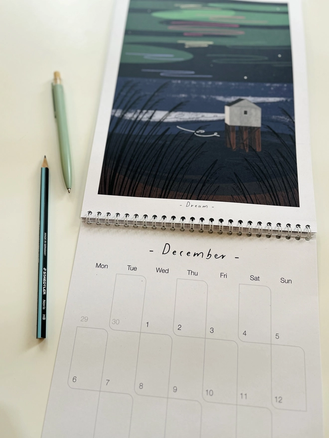 Inside page of the 2027 Calendar, Wall Calendar, Illustrated Calendar, Double Page Calendar, A4 Calendar, Nature Calendar, Art Calendar, Whispers Collection, Nature Inspired, Mindful Living, Slow Living, Nature Lover Gift, Outdoor Lover Gift, Recycled Paper, Eco Friendly Gift, Sustainable Stationery, UK Made, Illustrated Stationery, Onneke Studio