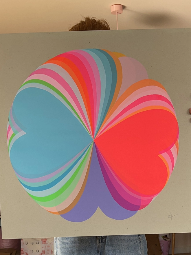 Hannah carvell Original Screen Print, one of one, hand printed, Bright coloured Abstract Hearts, rainbow, Neon