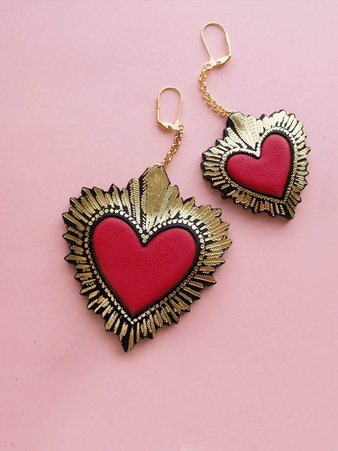 large & small red, gold & black sacred heart earrings