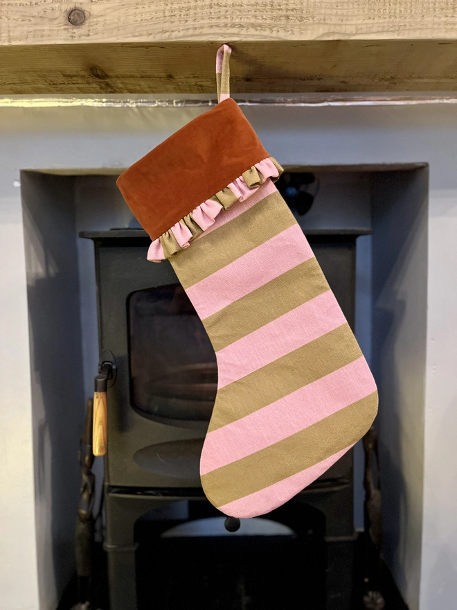 Pink / Olive / Velvet Ruffle Stocking