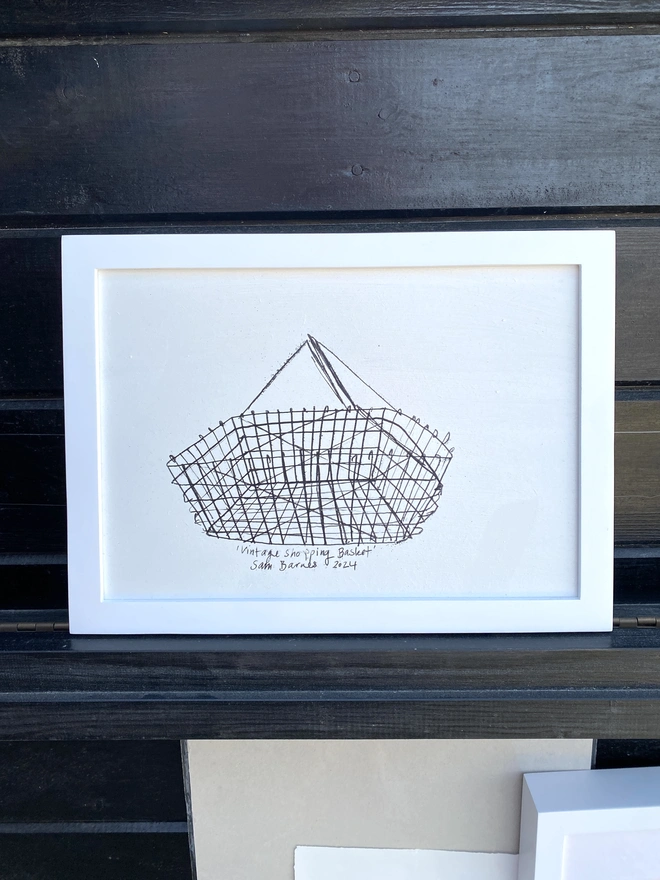 'Vintage Shopping Basket' A4 on Hardboard Framed  by Samantha Barnes