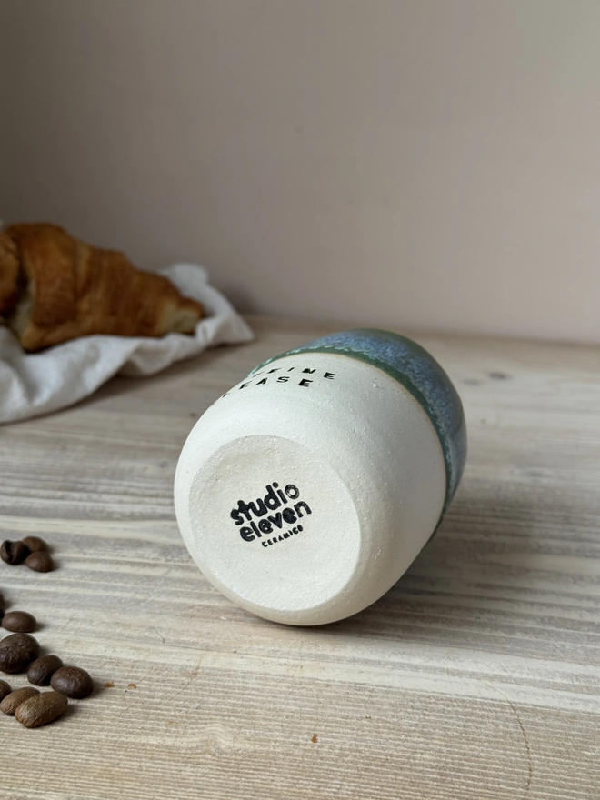 'Caffeine Please' Ceramic Travel Cup Green Granite Glaze