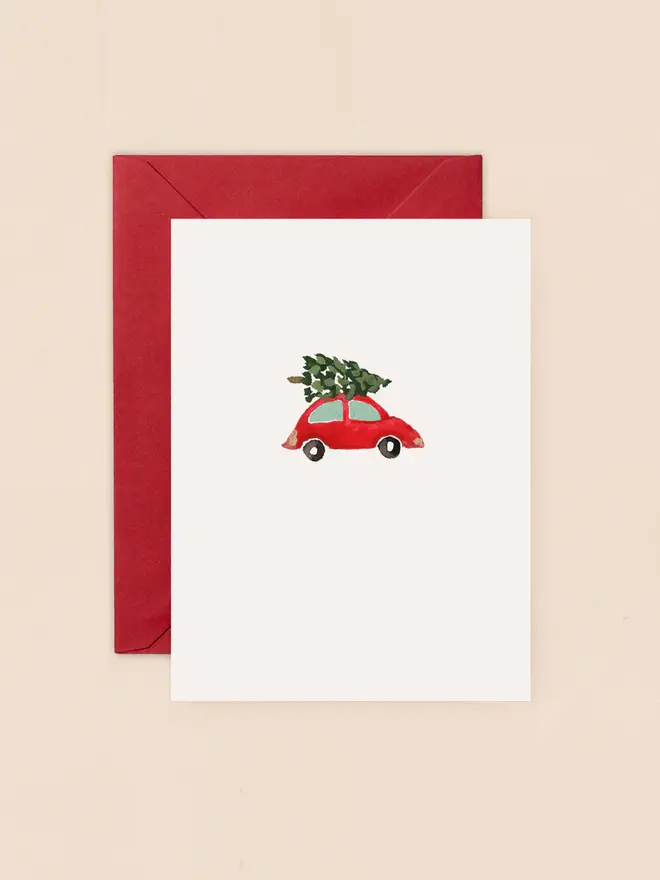 red car and christmas tree mini christmas card