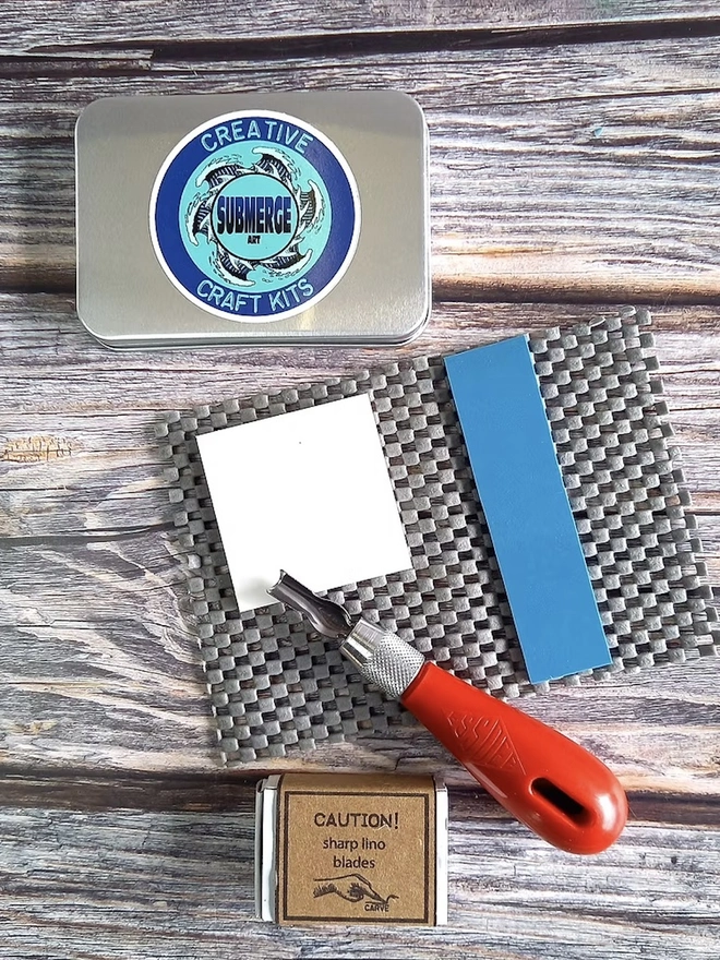 Mini Lino Carving & Block Printing Craft Kit, full kit unpacked
