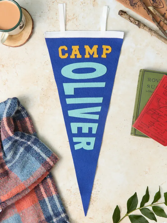Custom camping pennant in blue/mustard and white