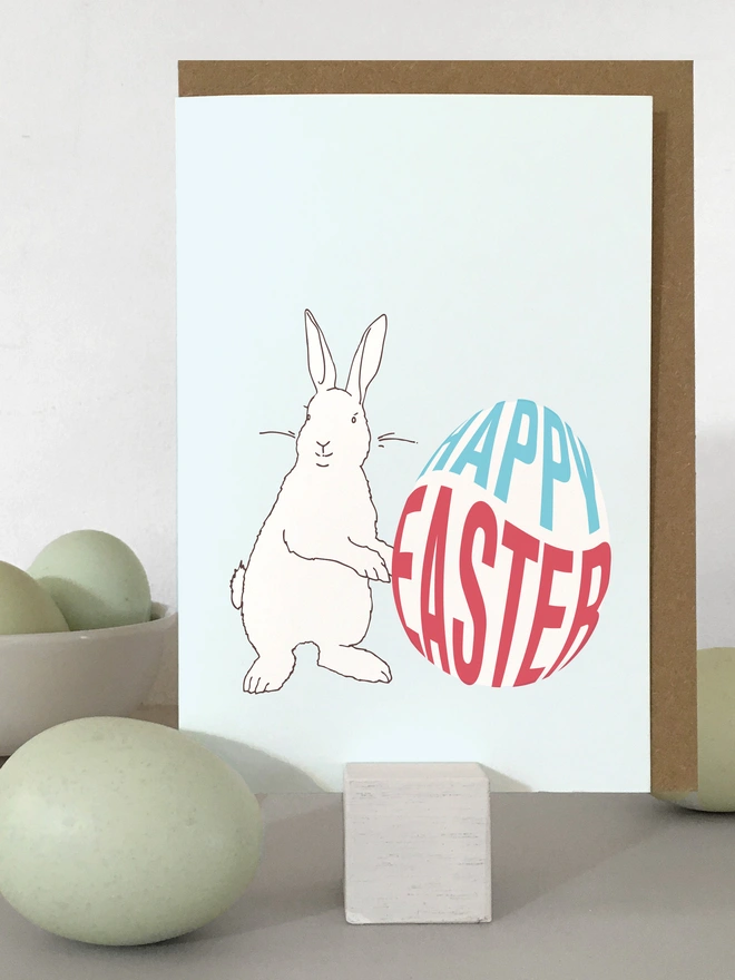 White Bunny Easter Card Pale Blue Background