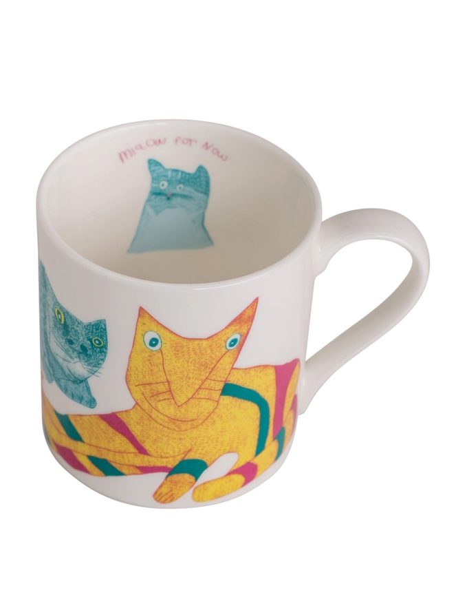 close up of charity miaow for now fine bone china cat gift mug featuring bright colour cats drawings