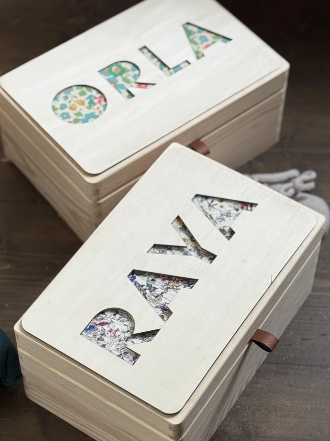 wooden box with liberty fabric name by modo and co