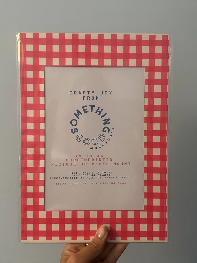 Gingham Screen Printed A5 / A4 Photo Mount. red gingham mount held against grey background.