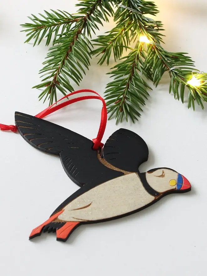 Wooden Sparkly Puffin Christmas Decoration