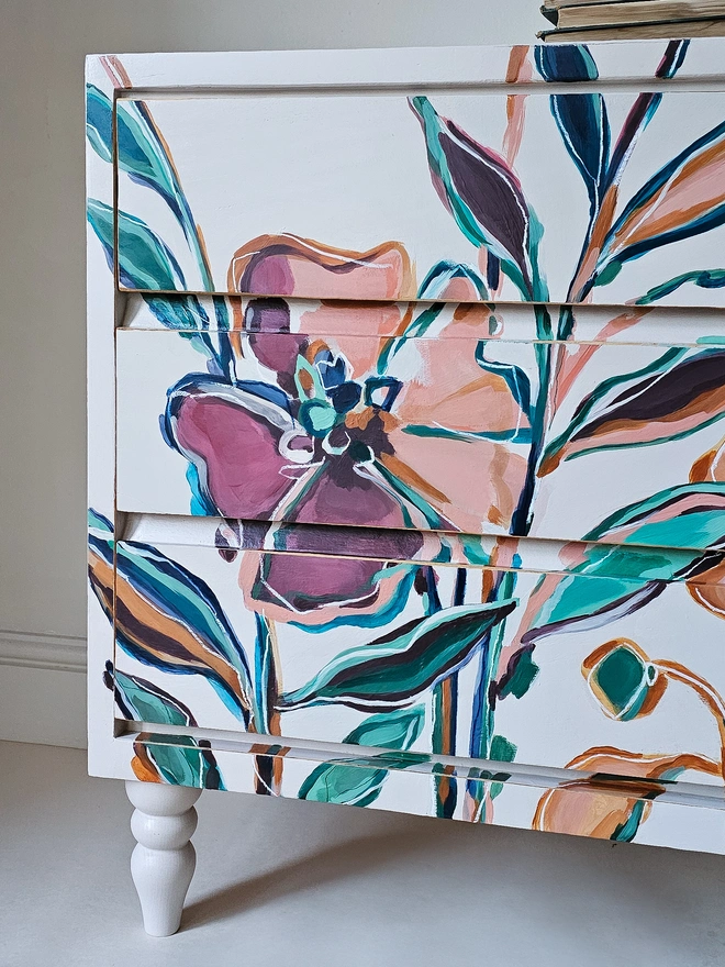 Create a Vintage Painted Chest of Drawers with a one of a kind floral design by Chloe Kempster
