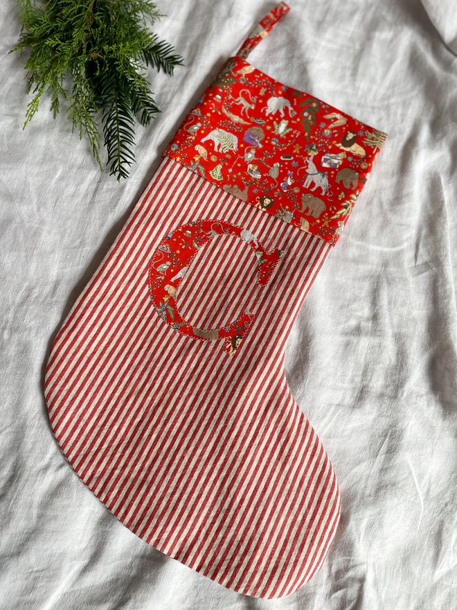 Red Stiped Linen stocking with liberty print cuff and letter