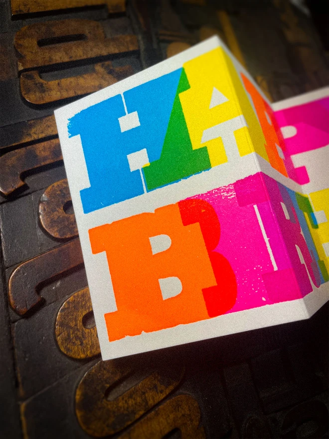 Handmade letterpress concertina birthday card featuring bold, joyful typography in vibrant neon colours. Each card is individually hand printed using traditional letterpress techniques on luxury paper stock, creating a beautifully tactile finish with deep impression and rich ink coverage. The playful fold-out concertina design reveals a striking “Happy Birthday” message across multiple panels, making it both a greeting card and a keepsake.  Created by hand for Holly & Co , this contemporary artisan birthday card combines modern graphic design with traditional craftsmanship. Perfect for design lovers, colourful stationery enthusiasts, and anyone looking for a unique luxury birthday card with personality.
