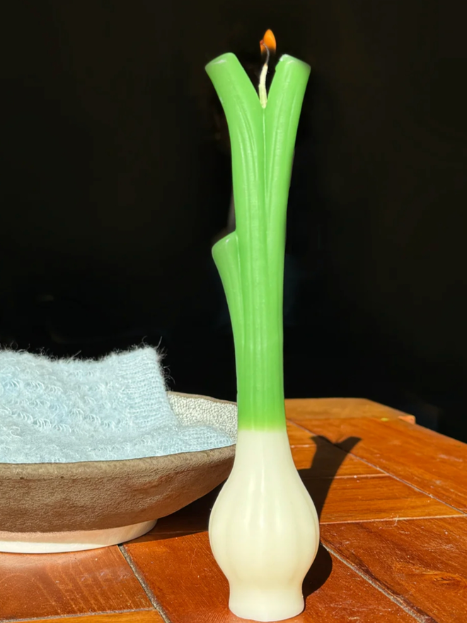 Spring Onion Candle. A long, green and white candle shaped like a spring onion.