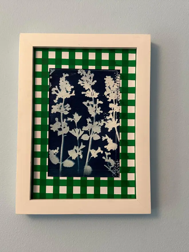 Gingham Screen Printed A5 / A4 Photo Mount. green gingham mount held against grey background.