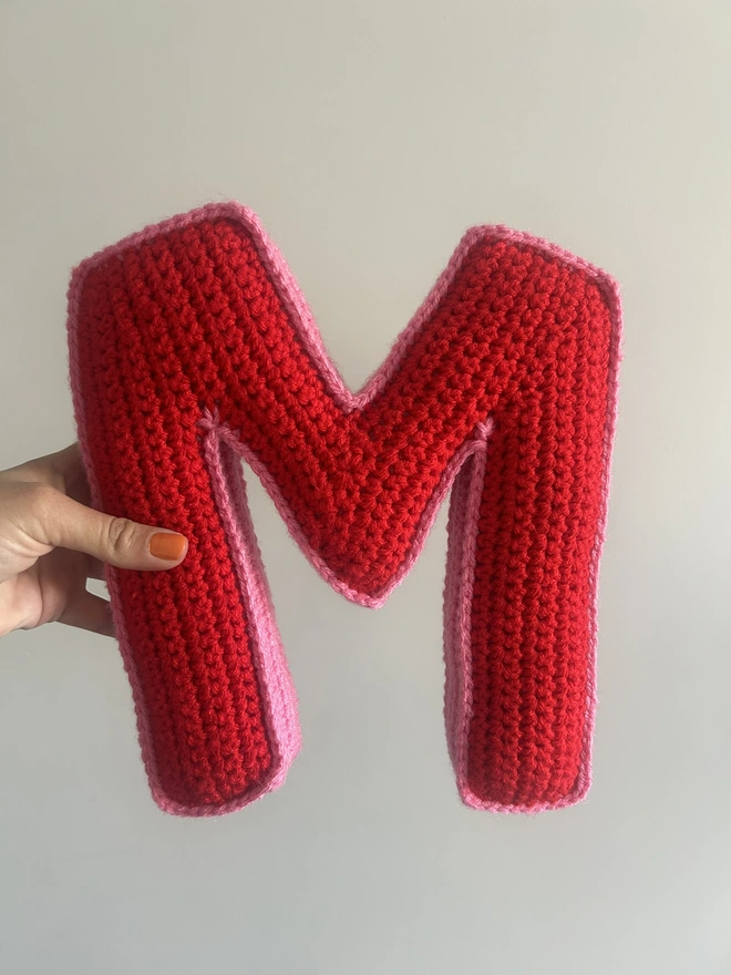 Crochet Letter M in Red and Pink