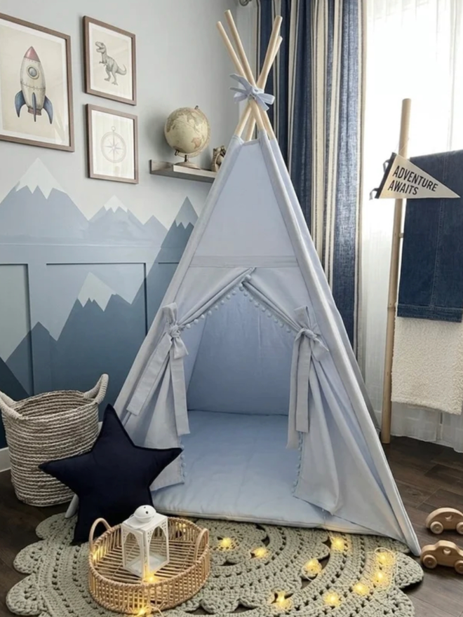 Baby Blue Teepee. A baby blue teepee in a playroom.