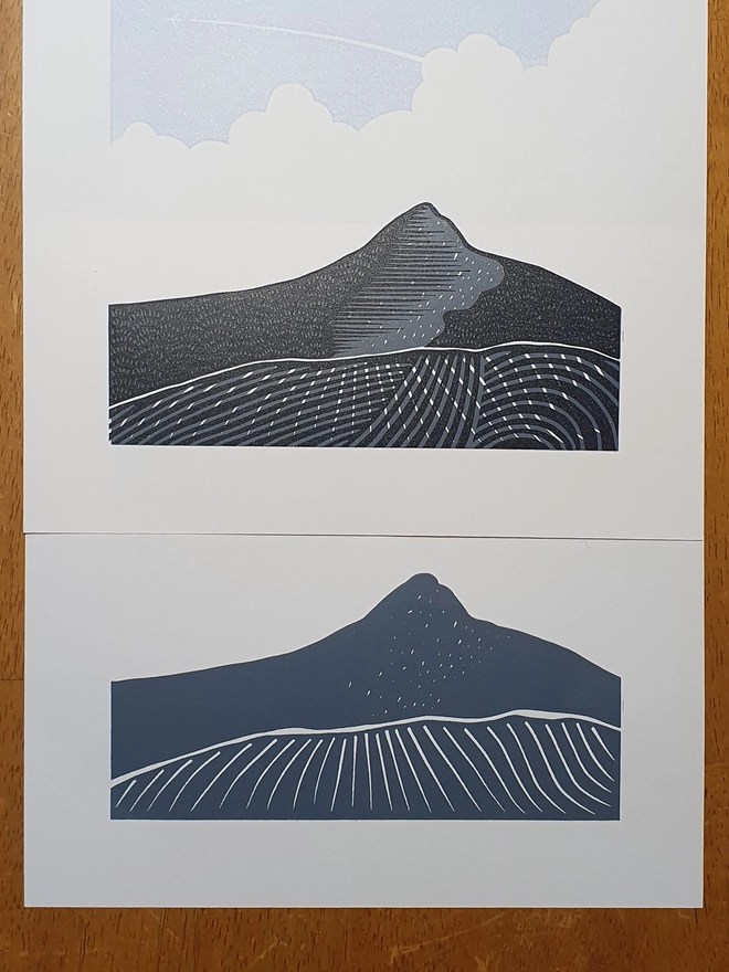Linocut print of Sugarloaf mountain handmade art