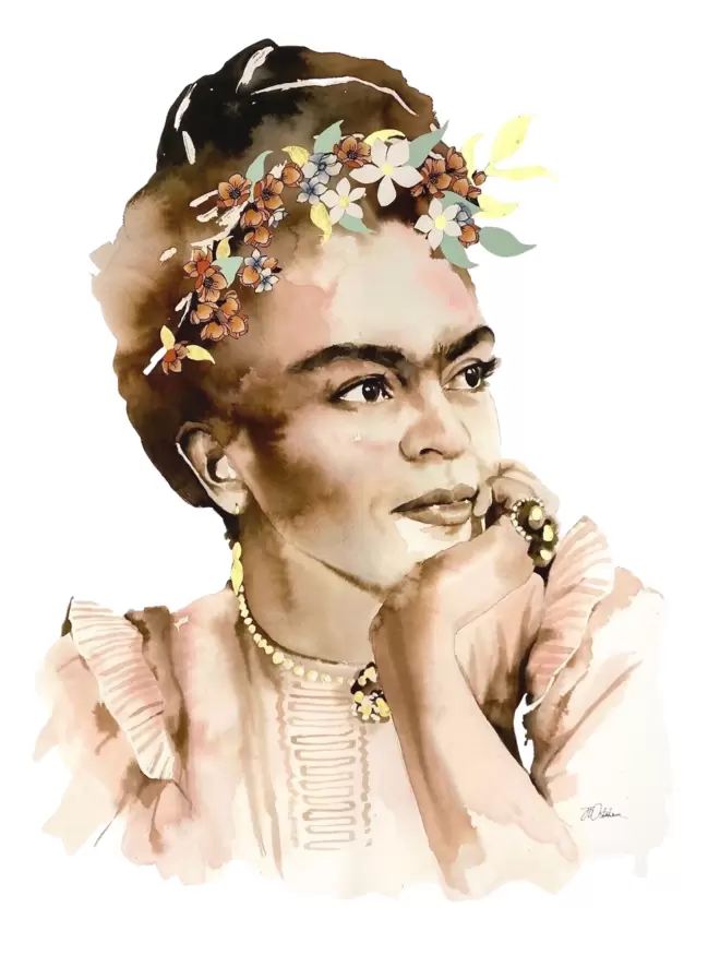 A portrait based on Frida Kahlo. The woman gazes off to the side with her head resting on her hands, The are flowers in her hair and shimmering gold leaf embellishments.