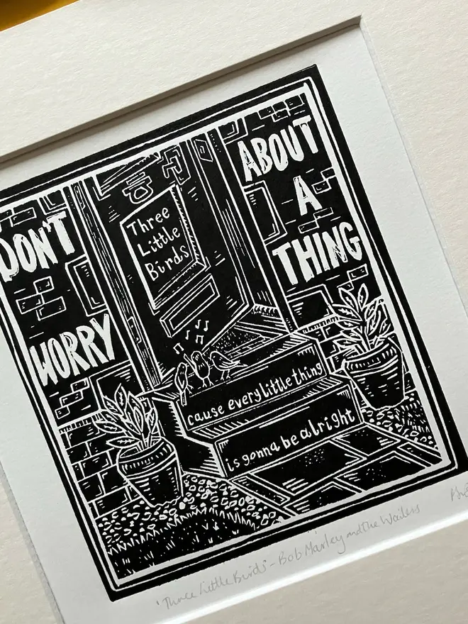 bob marley three little birds lyric lino print