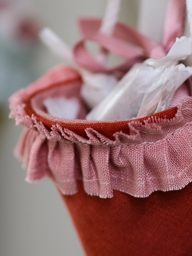 Reusable Victorian Christmas gift cones for hanging beneath festive greenery, featuring delicate ruffled trim.