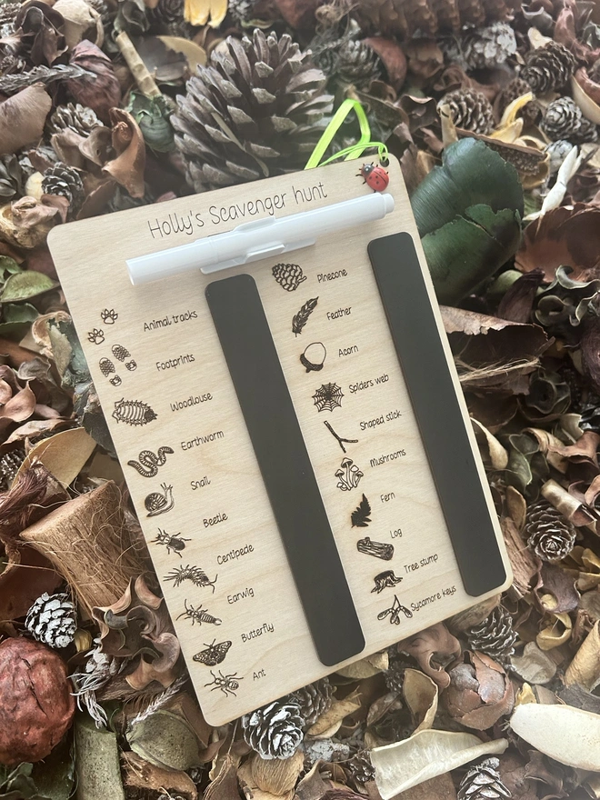 A personalised wooden scavenger hunt board titled “Holly’s Scavenger Hunt,” shown on dried leaves and pinecones with engraved nature icons, two black wipe‑clean sections, and a white marker on a green cord with a ladybird bead.