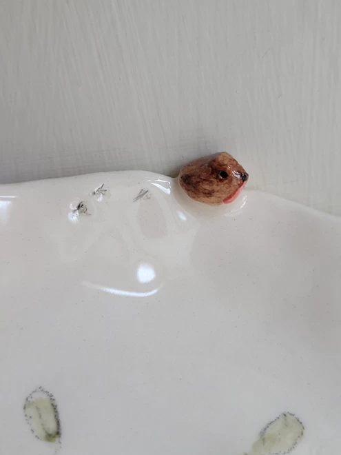 close up of a tiny modelled robin attached to the rim of an off white ceramic soap dish tray with etched bird prints 