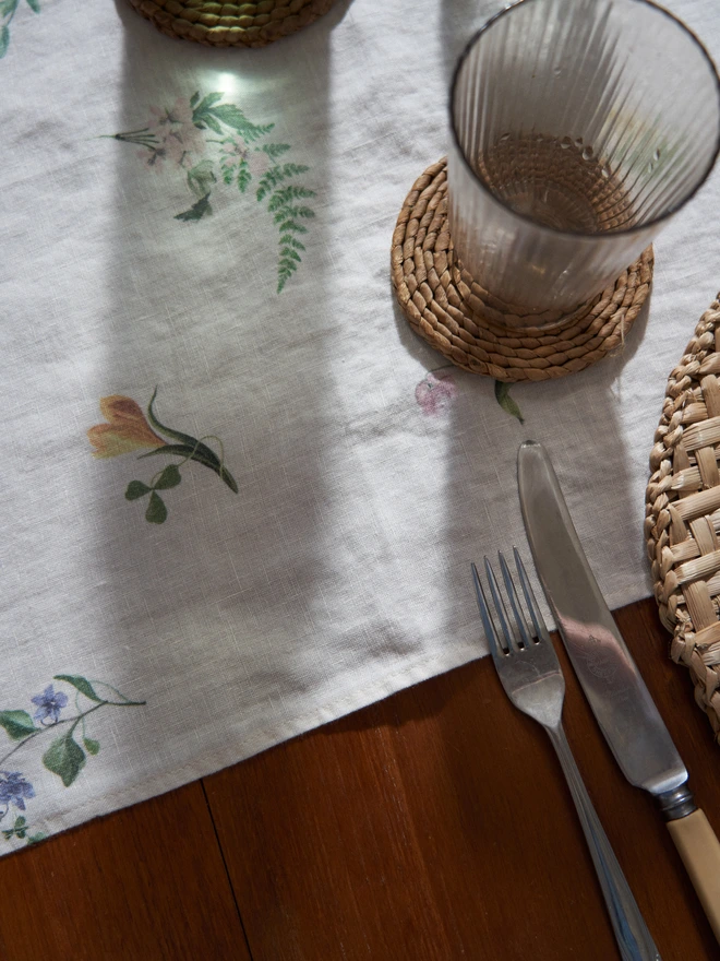 Table linen printed with spring florals