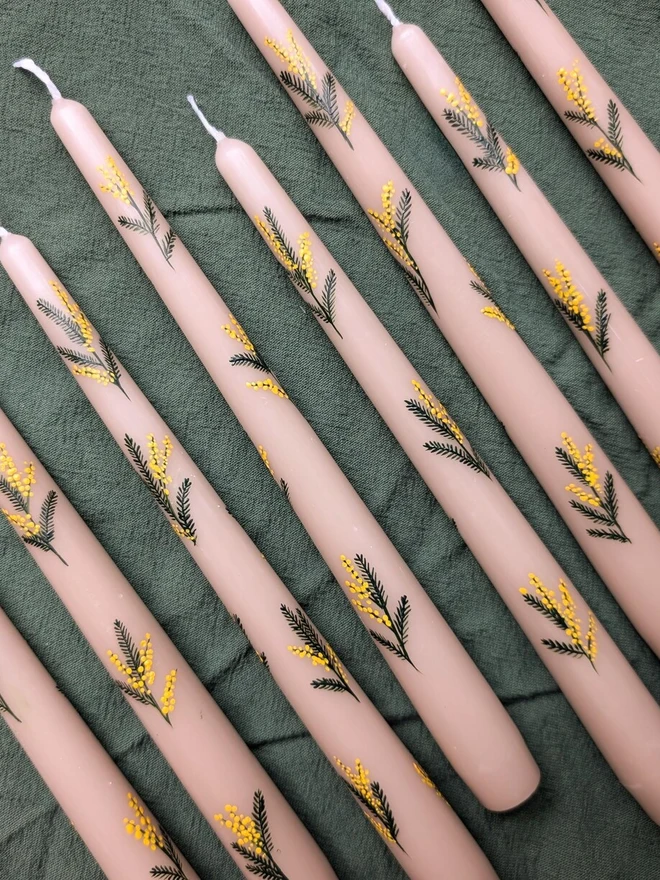 Oat Taper Candles With Mimosa Blossom Design