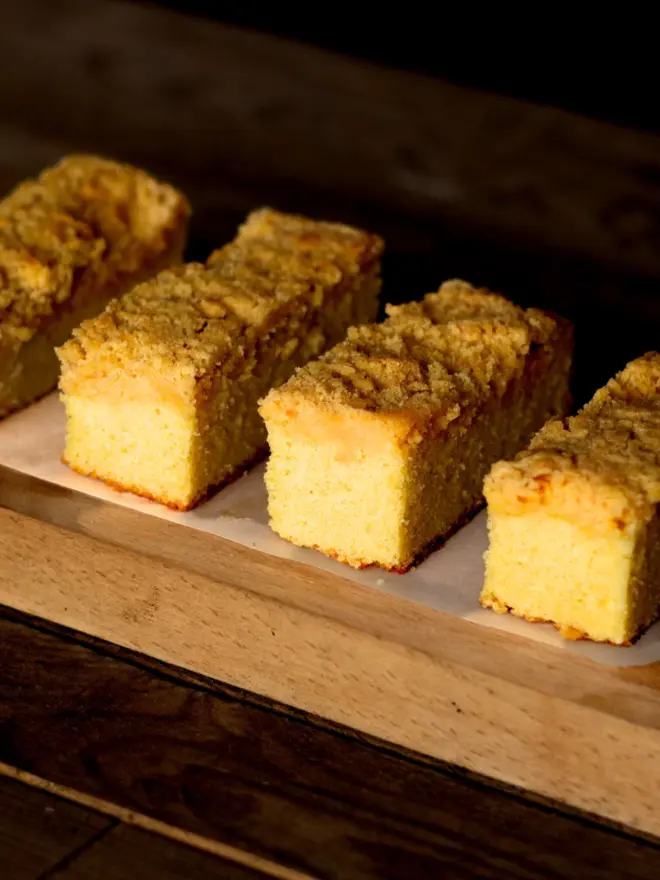 A tray of lemon curd crumble cake