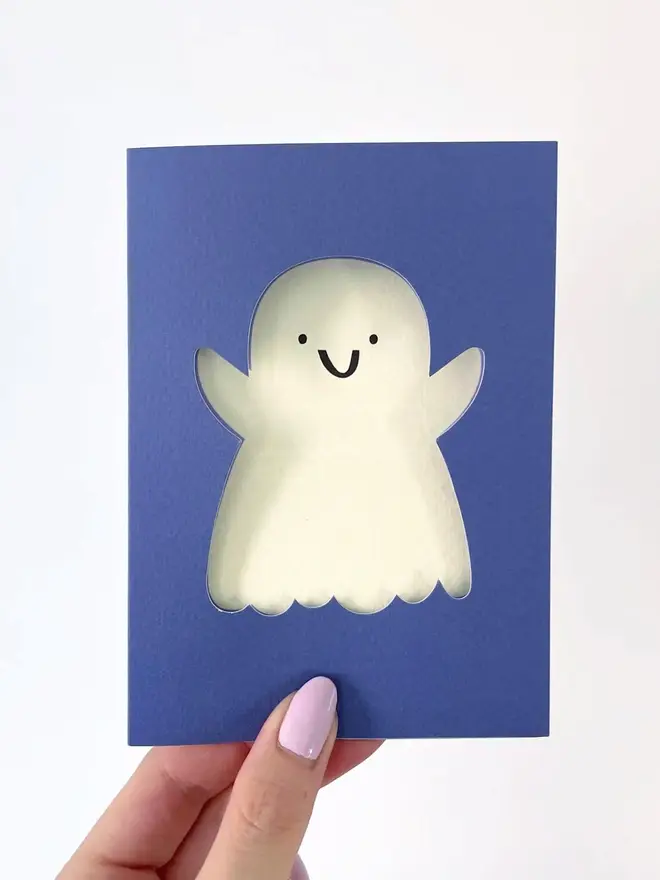 happy ghost cut out blue greeting card